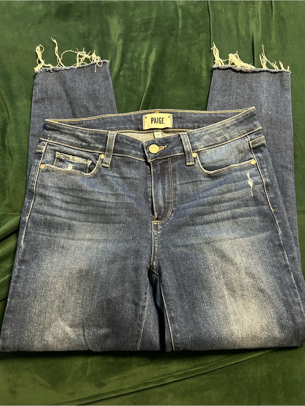 PAIGE Mid Blue Distressed Ankle Jeans with Frayed Hem
